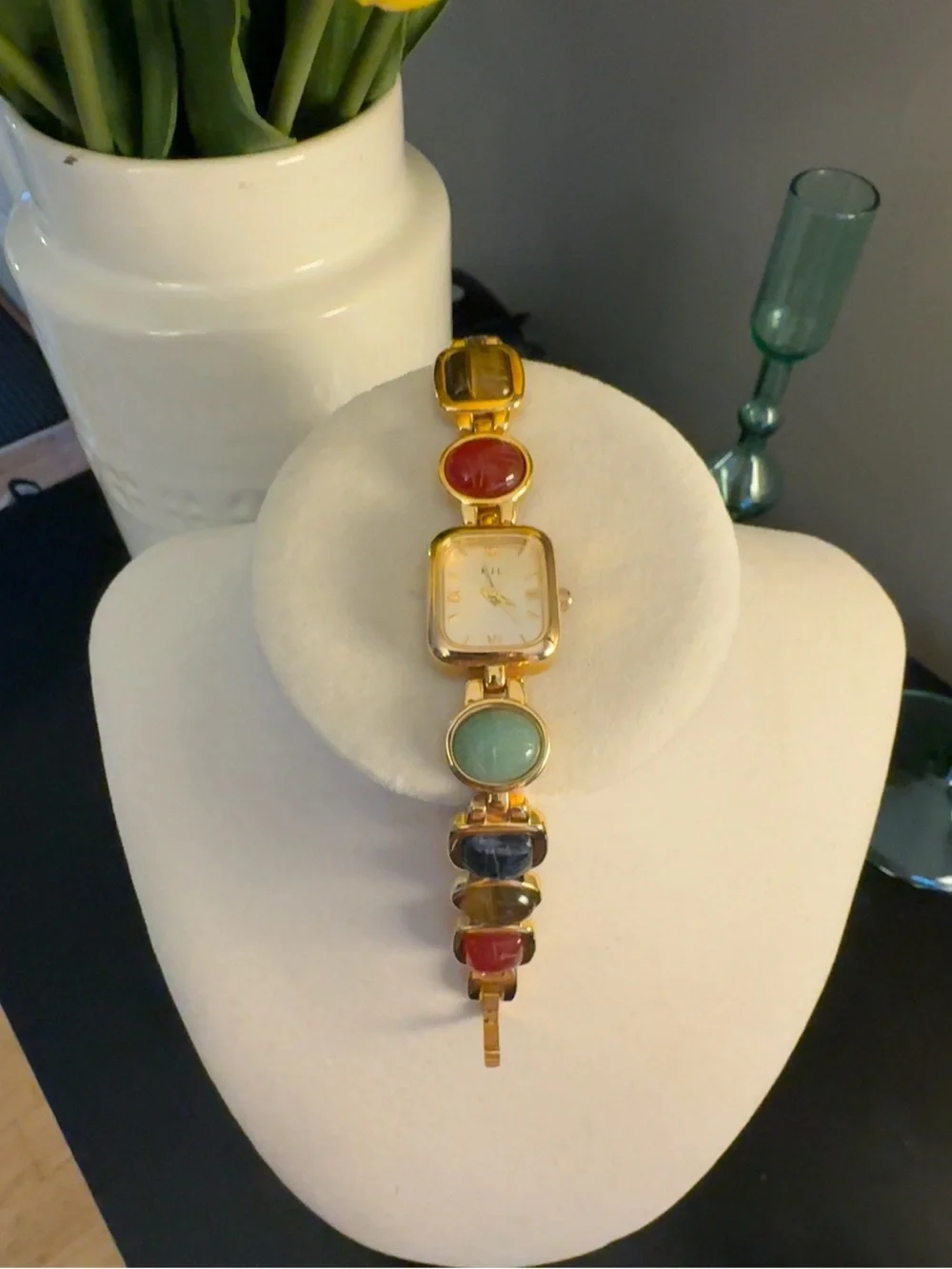 KJL Kenneth Jay Lane Genuine Gemstone Gold Tone Bracelet Watch Vintage